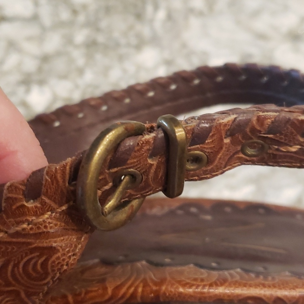 Vince Camuto brown tulled floral leather stacked heel sandals - Picture 8 of 9
